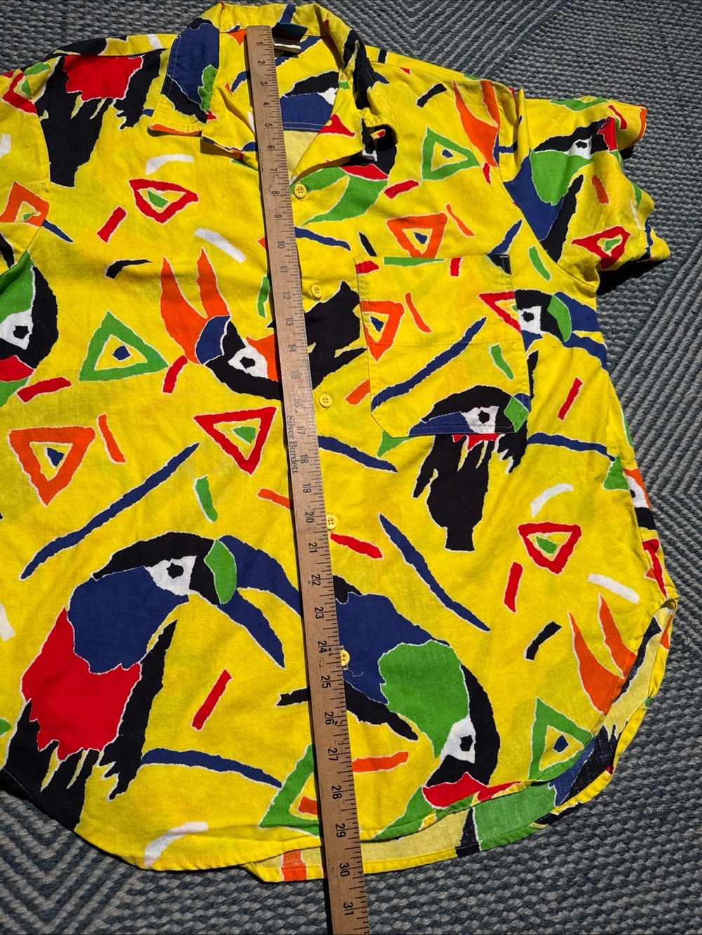 Vintage Op 80s Mens Parrot Yellow Short Sleeve Button Up Shirt Size L - Picture 5 of 10
